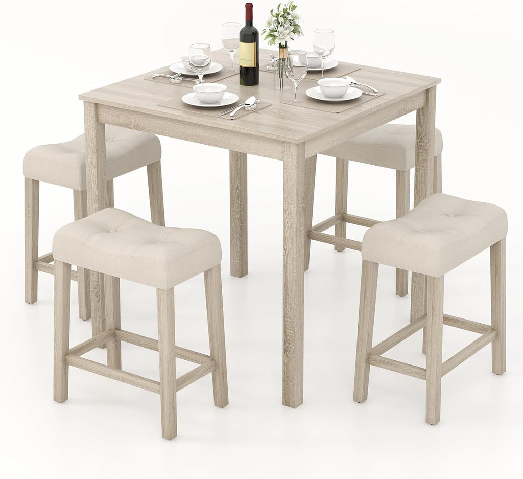 COSTWAY 5-Piece Bar Table Set, Square Breakfast Set for 4 w/Padded Stools, Small Kitchen Table Set w/Rubber Wood Legs, Space-Saving Dining Table Set for Living Room, Kitchen, Small Space
