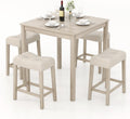 COSTWAY 5-Piece Bar Table Set, Square Breakfast Set for 4 w/Padded Stools, Small Kitchen Table Set w/Rubber Wood Legs, Space-Saving Dining Table Set for Living Room, Kitchen, Small Space