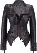 Women's PU Leather Jacket Rivet Decor Lapel Short Biker Coat Washed Casual Spring Autumn Fashion Outerwear