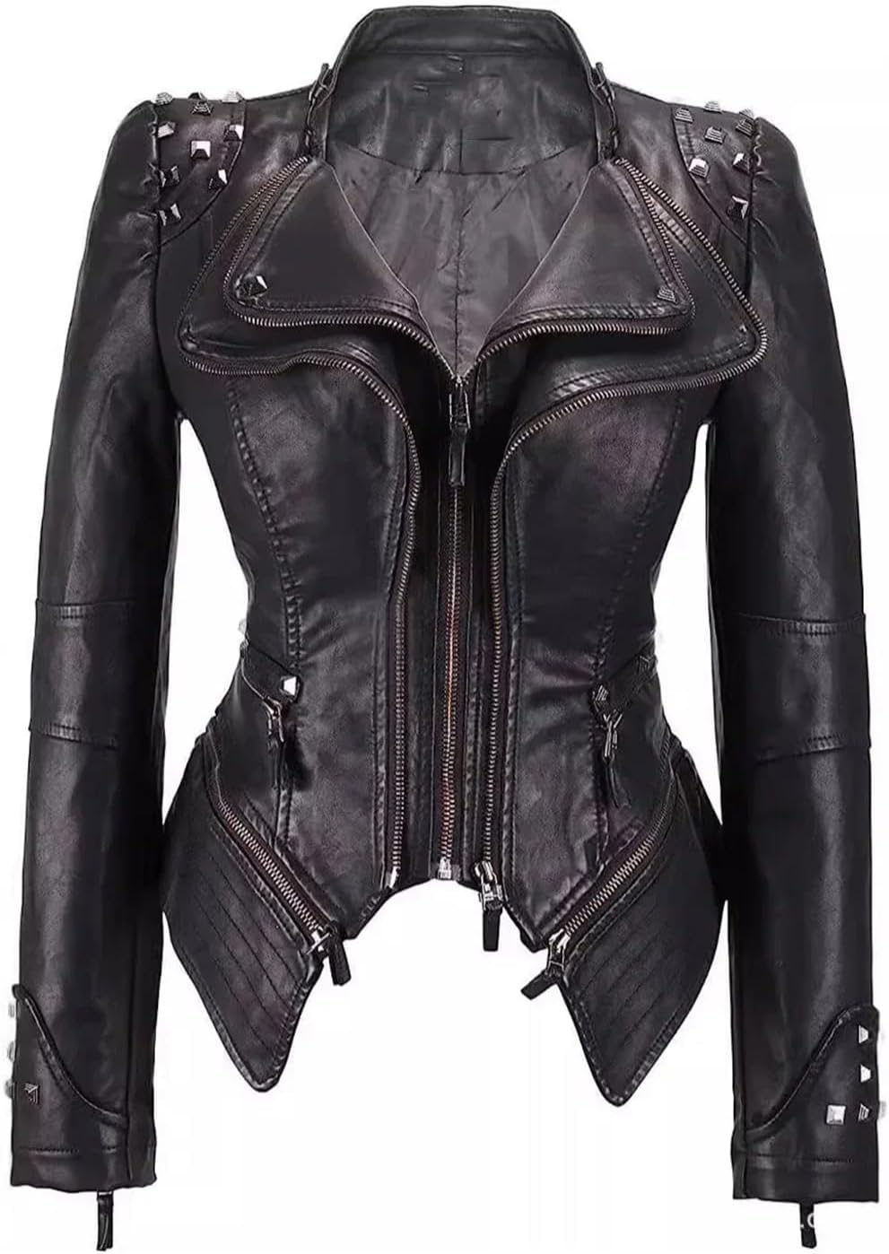 Women's PU Leather Jacket Rivet Decor Lapel Short Biker Coat Washed Casual Spring Autumn Fashion Outerwear