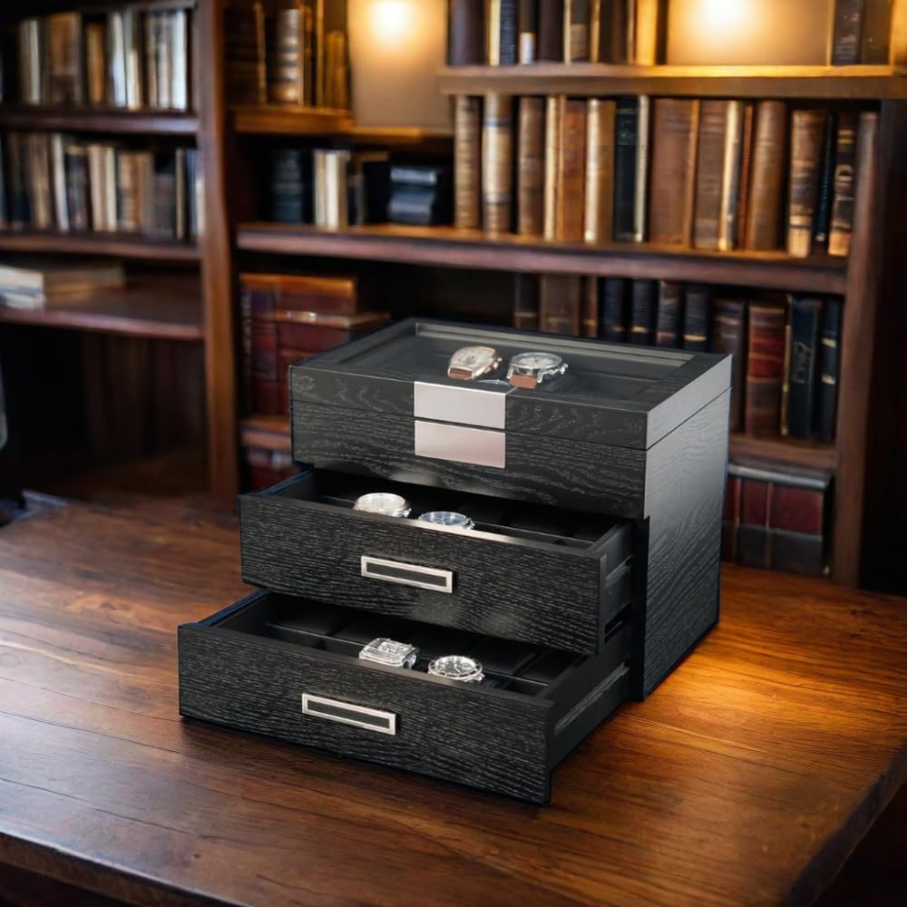 TIMELYBUYS 30 Black Ebony Wood Watch Extra Height Clearance Box Display Case 3 Level Storage Jewelry Organizer with Glass Top, Stainless Steel Accents, and 2 Drawers