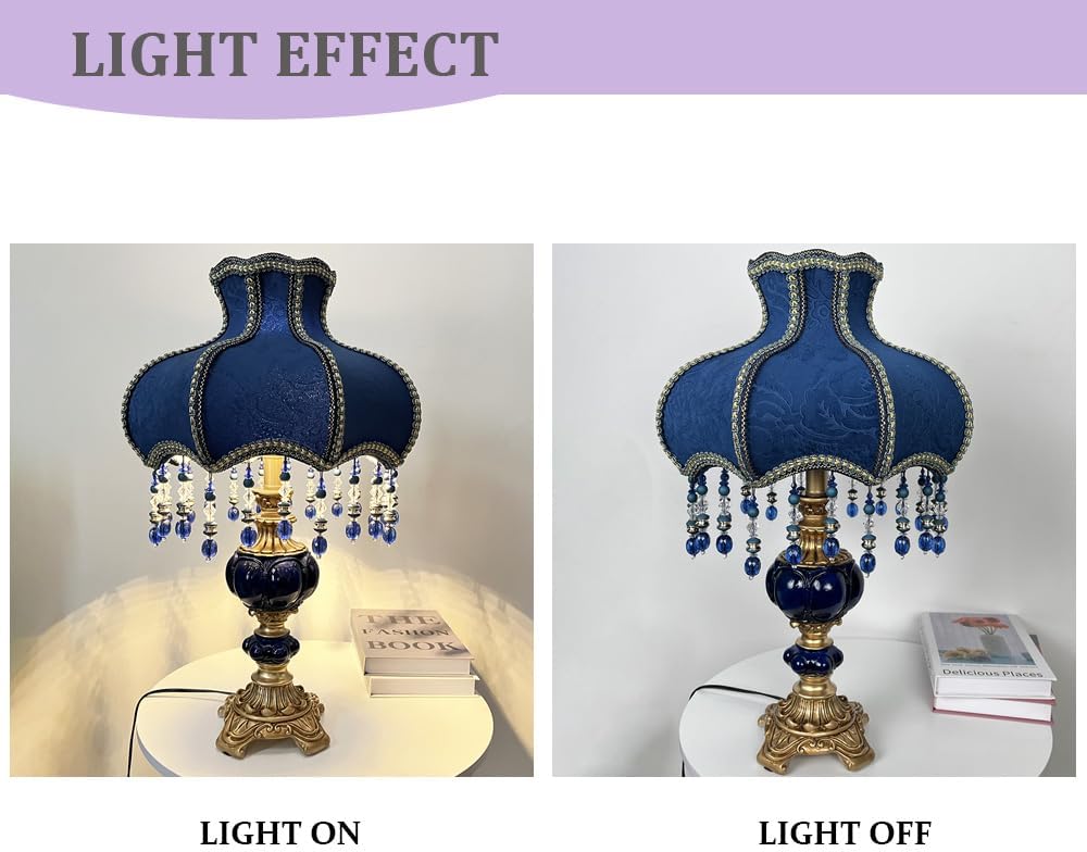Meefad Victorian Table Lamp, Vintage Bedside Lamp with Beaded Fringe, Handpainted Resin Base, Elegant Night Light Accent Lamp for Bedroom Reading Nightstand (Dark Blue)
