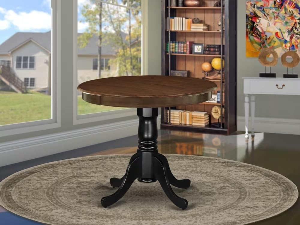 East West Furniture AMT-WBK-TP Antique Dining Table - a Round Wooden Table Top with Pedestal Base, 36x36 Inch, Walnut & Black