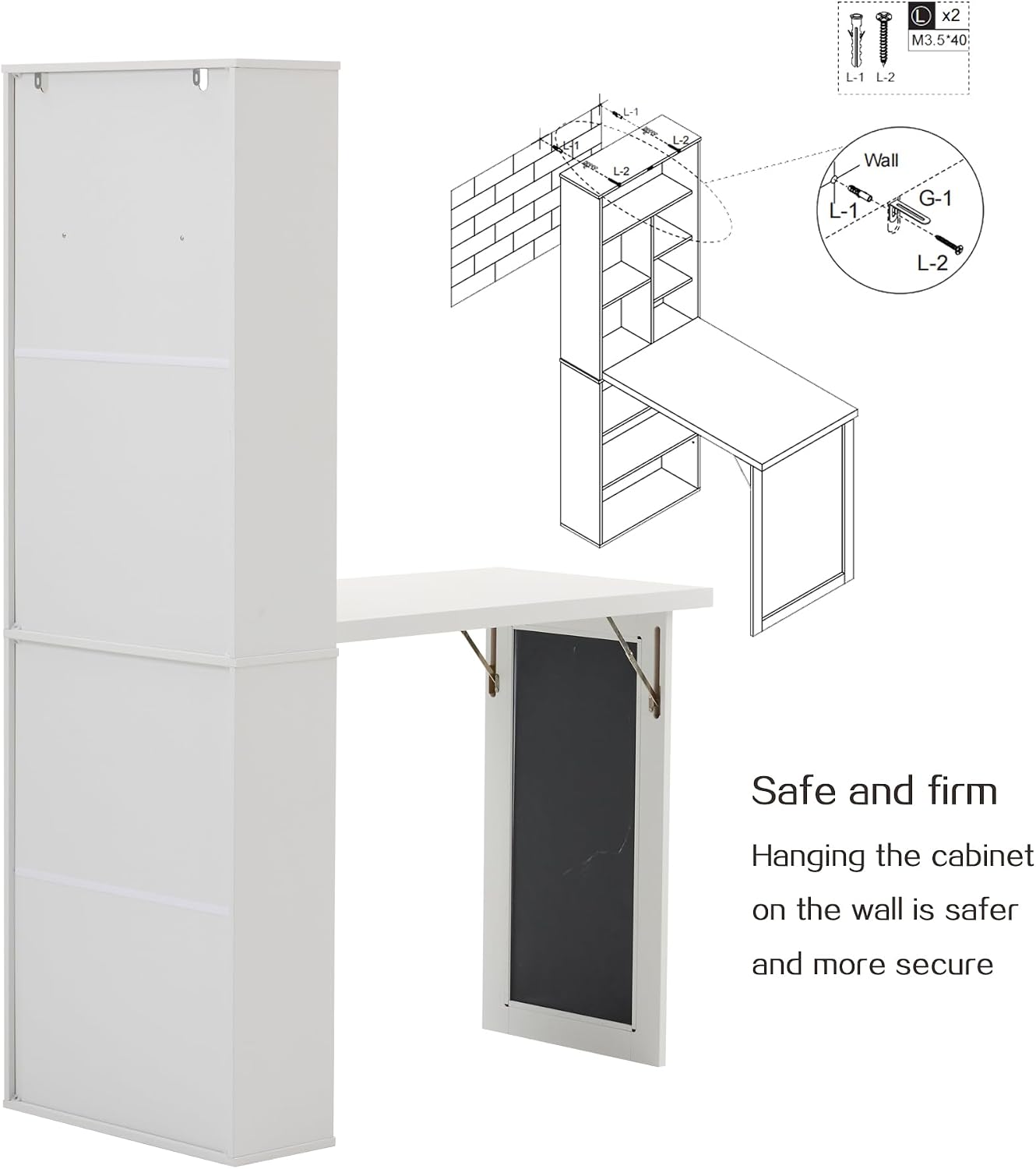 Folding Desk with Storage,Foldable Convertible Writing table with Blackboard and Shelves,Wall Mount Fold Out Table Cabinet , Space-Saving Murphy Desk Multi-Function Home Office Workstation (White)