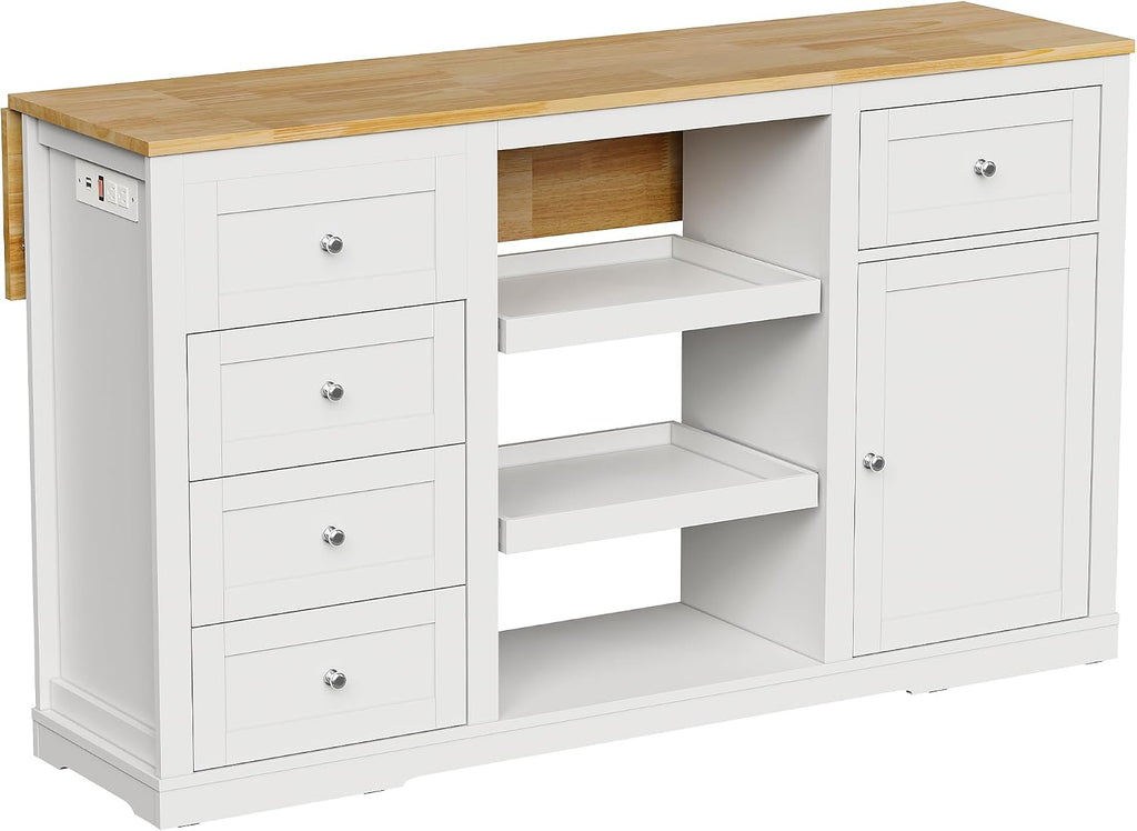 RoyalCraft 59'' Kitchen Island with Storage and Drop Leaf, Kitchen Island Table, Coffee Station Cabinet with Solid Rubber Wood Top, Pull-Out Trays, Drawers, Adjustable Shelves, Power Outlet, White