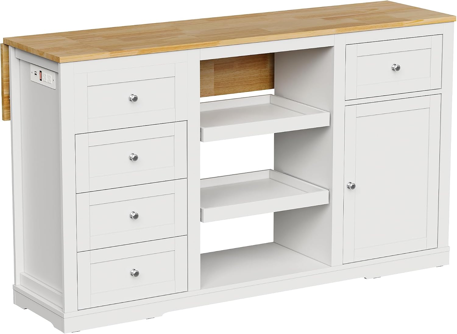 RoyalCraft 59'' Kitchen Island with Storage and Drop Leaf, Kitchen Island Table, Coffee Station Cabinet with Solid Rubber Wood Top, Pull-Out Trays, Drawers, Adjustable Shelves, Power Outlet, White