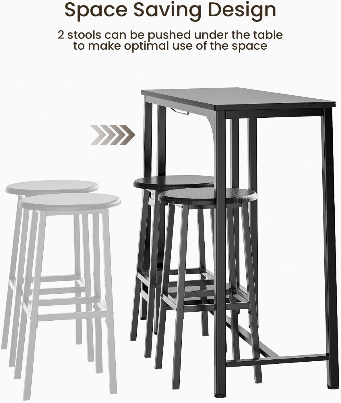 Bealife Bar Table with Bar Stool Set for 2 People, Pub Table Set with 2 Shelves and Glass Holder, Kitchen Bar Table Set for Kitchen, Living Room, Dining Room (Black)