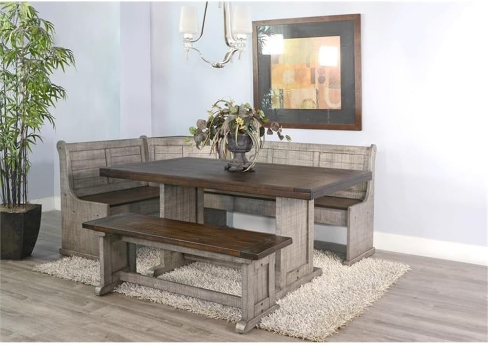Pemberly Row 3-Piece Traditional Solid Wood Breakfast Nook Set with Table, Storage Space, Foldable Corner Shelf, Fit Any Space Blending Style and Function, in Gray & Brown Finish