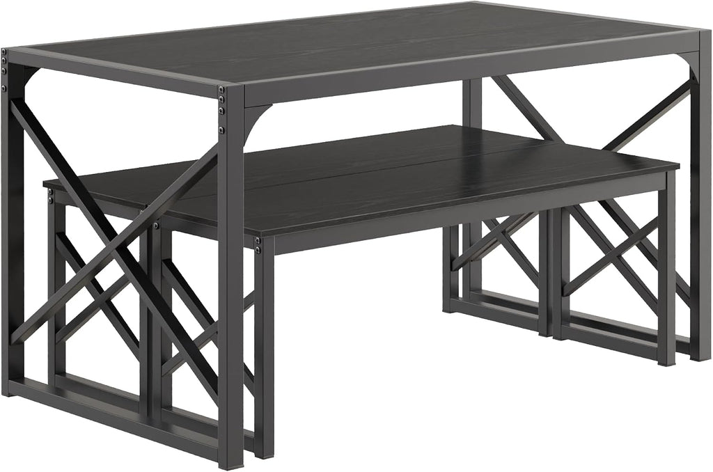 VECELO 55' Kitchen Dining Table Set for 4, Heavy-Duty Steel Frame & Wood-Grain Tabletop, Spaving Saving Dinette Sets with 2 Benches for Breakfast Nook and Small Space, Black