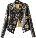 Women Spring Short Golden Rivet Stand Collar Hollow Faux Leather Jacket