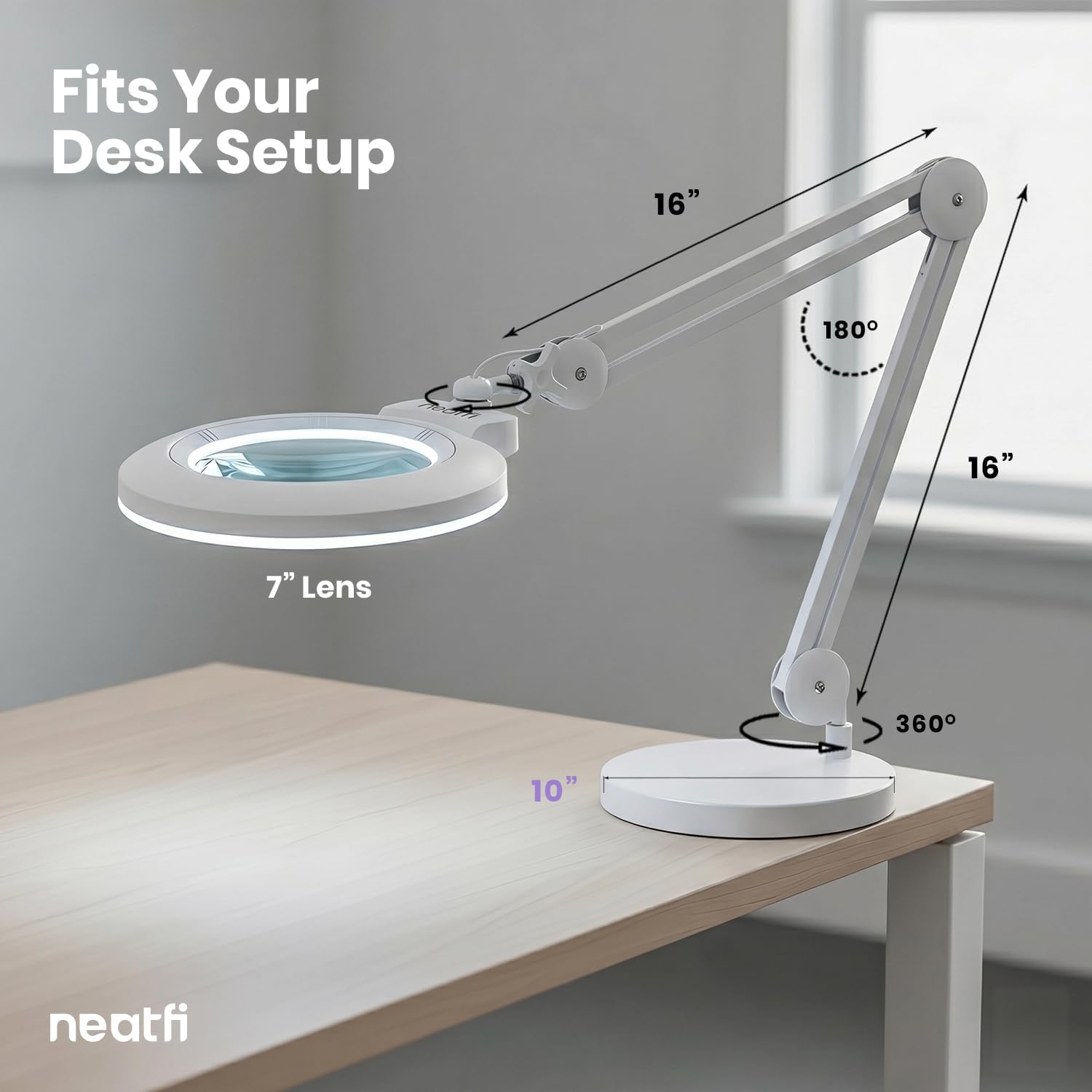 Neatfi XL LED Magnifying Lamp, Hands-Free, Dimmable, Crafts, Reading, Close Work (White, Non-CCT with Base)