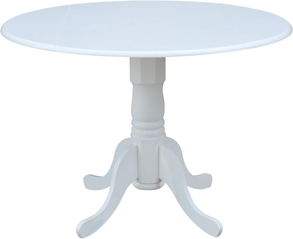 IC International Concepts, 42' Round Dual Drop Leaf Pedestal Dining Table, Solid Real Wood, Sturdy Parawood, White
