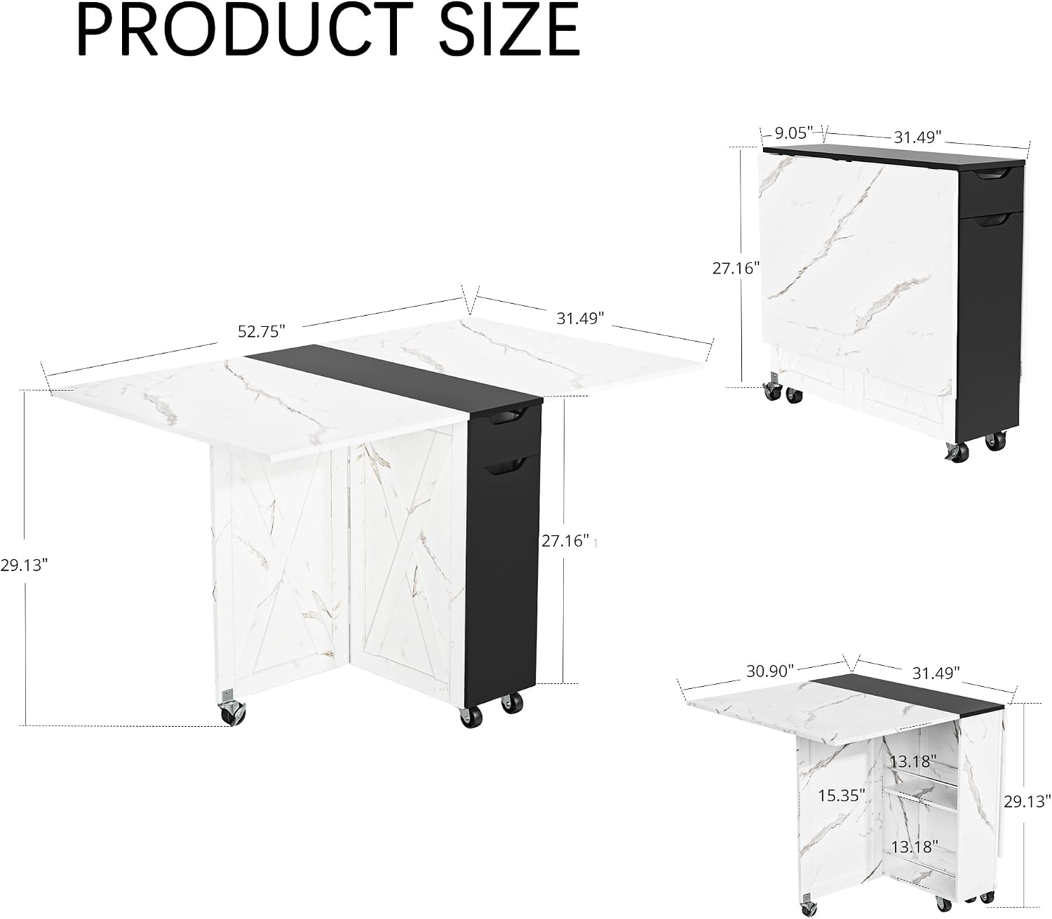 3imothrix Folding Dining Table, Dinner Table with Drawer and Storage and Shelves, Space Saving Dining Table with 6 Wheels, Kitchen Table for Small Spaces (Black)
