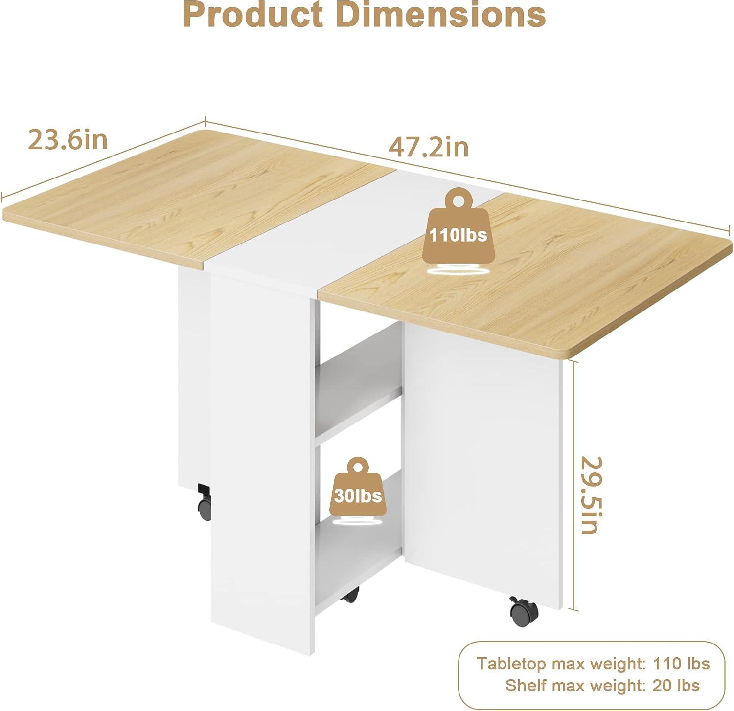 GarveeHome Folding Dining Table, Space Saving Farmhouse Dining Table for 4 Storage Shelf, 6 Wheels Multipose Expandable Kitchen Drop Leaf Table for Small Spac
