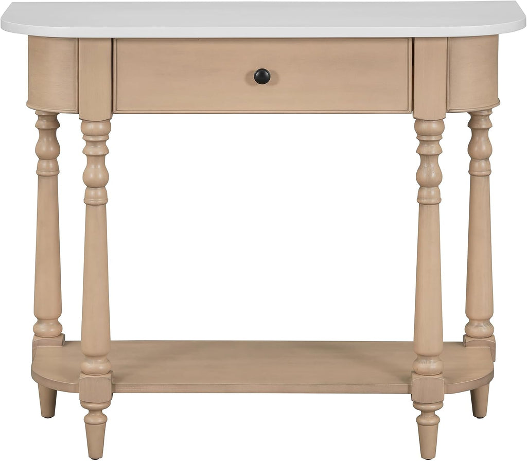 LKTART Small Corner-Curved Console Table,Farmhouse Entryway Table with Solid Wood Frame and Legs,Sofa Table with Drawer &Open Shelf for Behind Couch,Living Room,Hallway,Foyer(Beige+White 36')