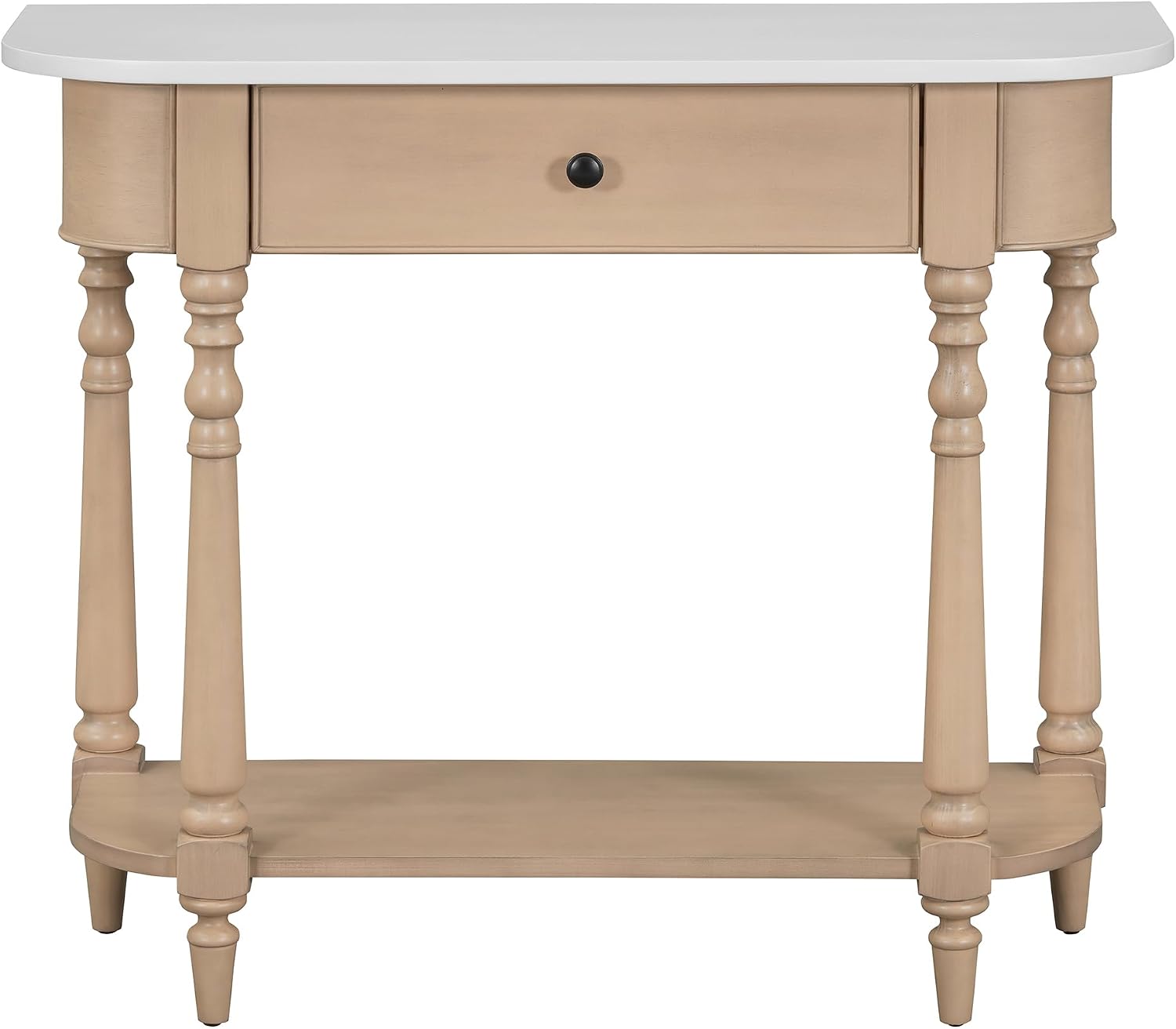 LKTART Small Corner-Curved Console Table,Farmhouse Entryway Table with Solid Wood Frame and Legs,Sofa Table with Drawer &Open Shelf for Behind Couch,Living Room,Hallway,Foyer(Beige+White 36')