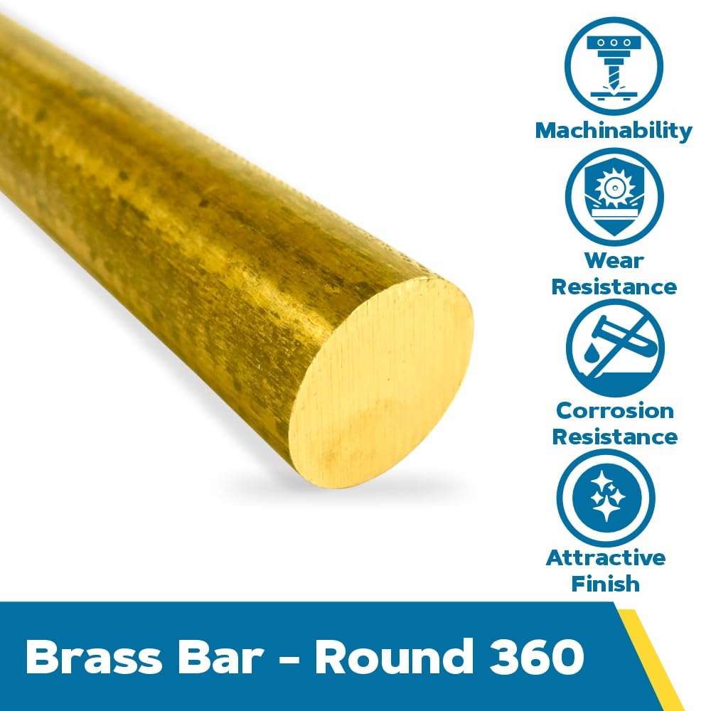 360 Brass Round Bar, Unpolished (Mill) Finish, Extruded, H02 Temper, ASTM B16, 0.875' Diameter, 24' Length, OnlineMetals