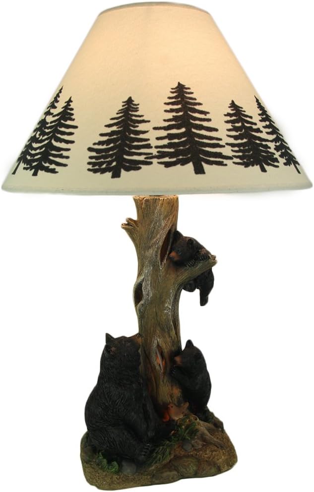 Zeckos Playful Black Bears Climbing Pine Tree Rustic Table Lamp with Nightlight Base