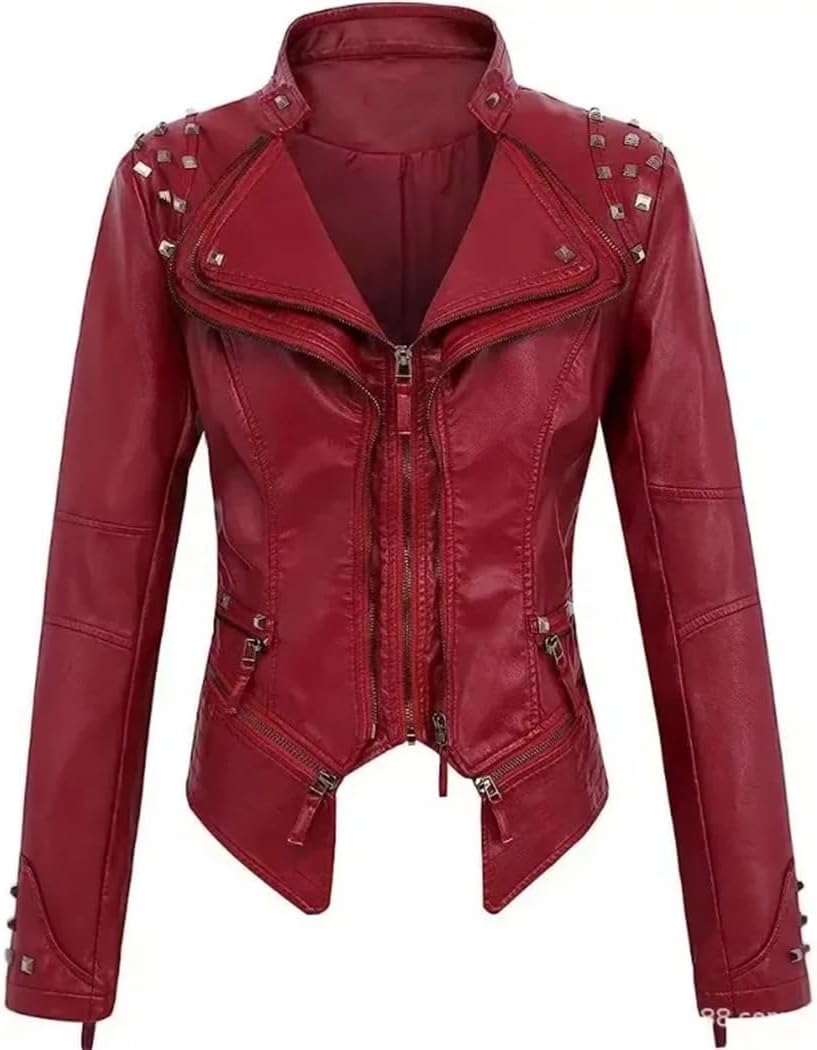 Women's PU Leather Jacket Rivet Decor Lapel Short Biker Coat Washed Casual Spring Autumn Fashion Outerwear