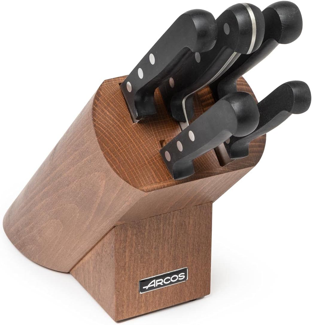 ARCOS Knife Set 5 pieces Nitrum Stainless Steel. Greater cutting power. Pine Wood Block. Ergonomic Polyoxymethylene POM Handle. Series Universal. Greater control. Color Black