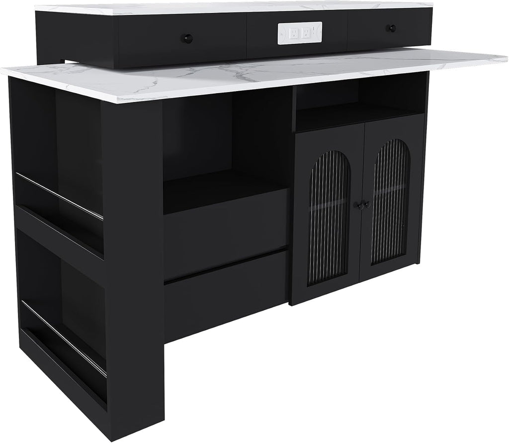 KEIKI Kitchen Island with Extendable & Rotating Table, Expandable Dining Station for 2-4, Kitchen Storage Islands with 4 Drawers & Glass Door Cabinets & Built-in Socket for Dining Room, Black