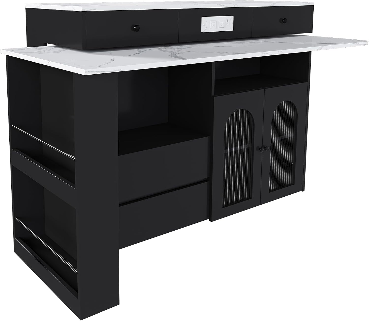 KEIKI Kitchen Island with Extendable & Rotating Table, Expandable Dining Station for 2-4, Kitchen Storage Islands with 4 Drawers & Glass Door Cabinets & Built-in Socket for Dining Room, Black