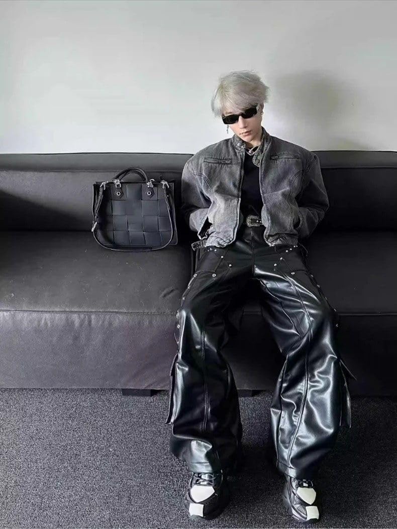 Spring Autumn Long Loose Casual Shiny Pu Leather Pants Men Rivet Wide Leg Trousers Punk Style Streetwear