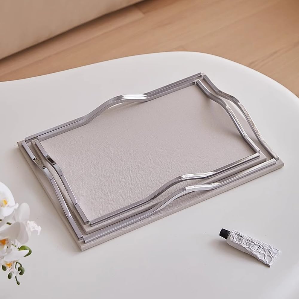Decorative Serving Tray - Modern Rectangle Leather Tray with Metal Handles for Coffee Table, Living Room, and Kitchen