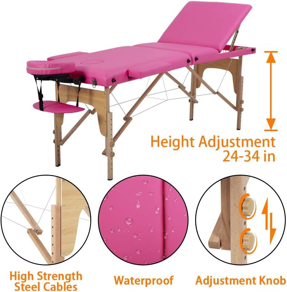 BestMassage Massage Bed Portable Massage Table 24 inch Wide Lash Bed Height Adjustable 3 Folding Spa Table with Non-Woven Bag for Spa Footmassage Facial CareSpa Tattoo
