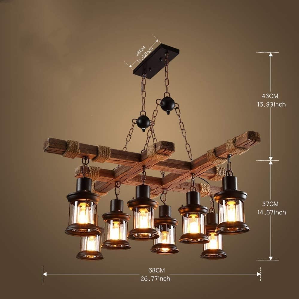 GHY 8 Lights Industrial Wooden Hanging Lighting Black Metal Chandelier Farmhouse Vintage Pendant Lamp Glass Lampshade for Pool Table Kitchen Island Bar Retro Ceiling Light Height Adjustable Fixture
