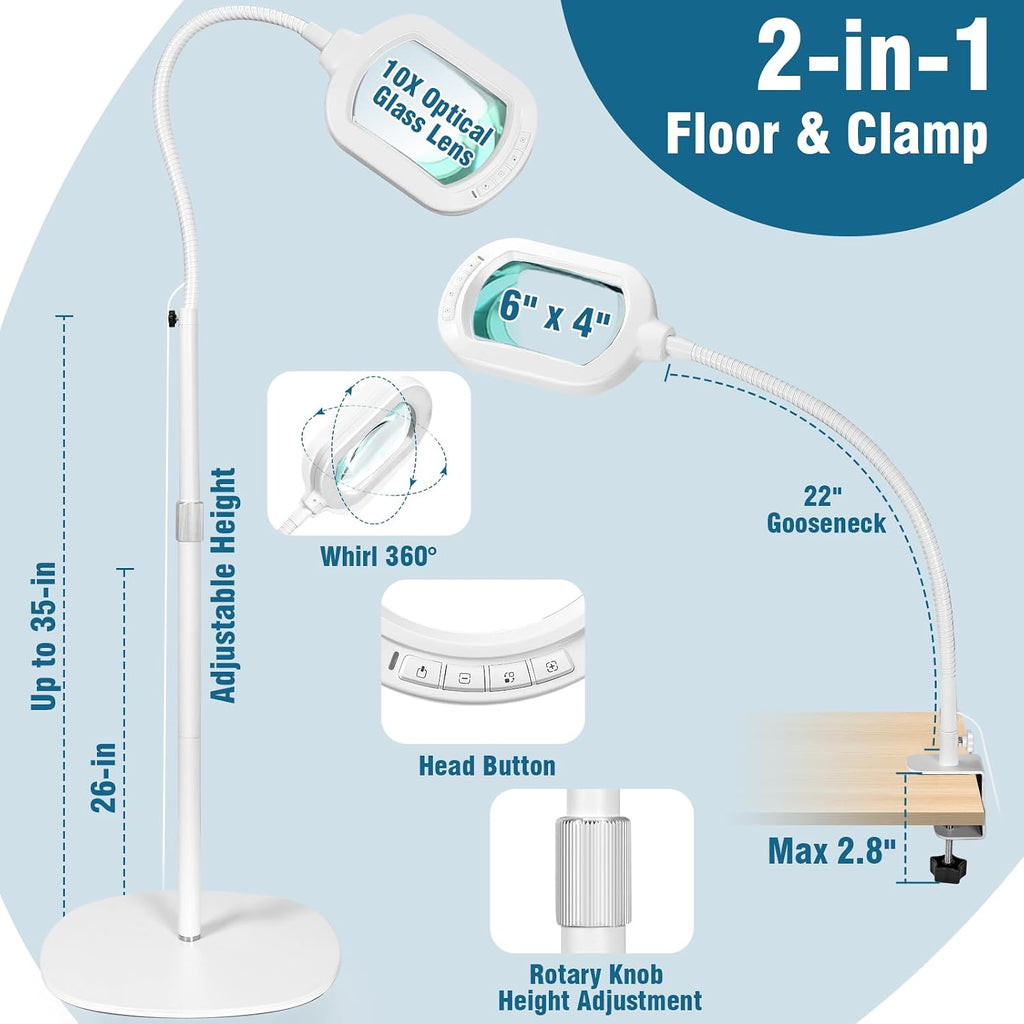 Large Magnifying Glass with Light and Stand, 10X Rectangle Optical Real Glass Lens, Height Adjustable Gooseneck Magnifier Floor Lamp, 5 Color Modes LED Dimmable Lighted Hands Free for Crafts - White
