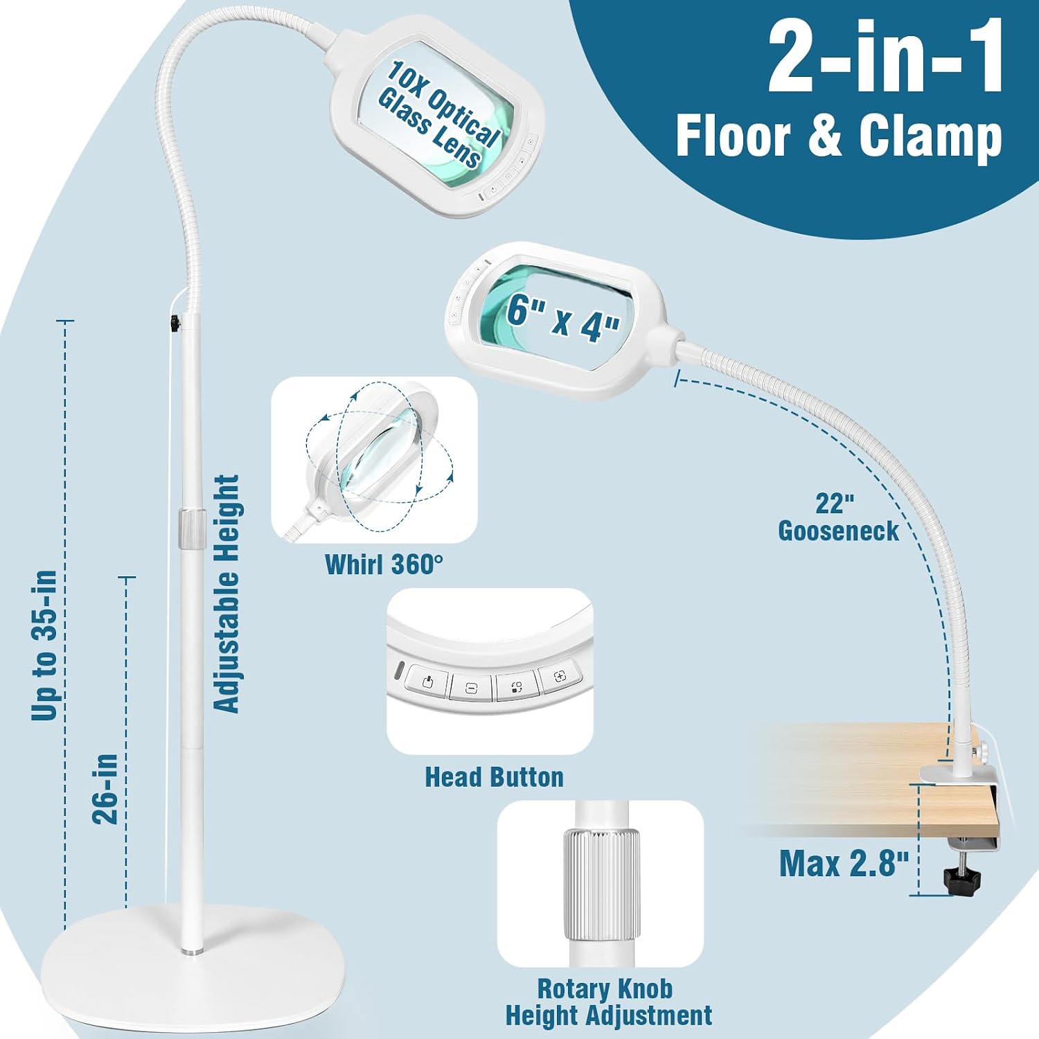 Large Magnifying Glass with Light and Stand, 10X Rectangle Optical Real Glass Lens, Height Adjustable Gooseneck Magnifier Floor Lamp, 5 Color Modes LED Dimmable Lighted Hands Free for Crafts - White