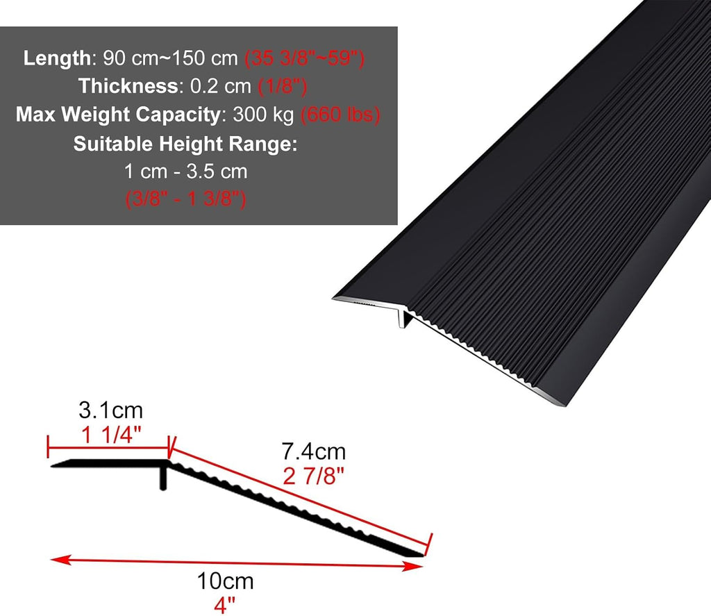 Vibeo Threshold Strip 90 100 110 120 130 140 150 Cm Long Uneven Floor Transition Strip, Aluminum Door Threshold Strips for High Drop, Anti Slip Edging Trim Bar(Black,120cm(47 1/4'))