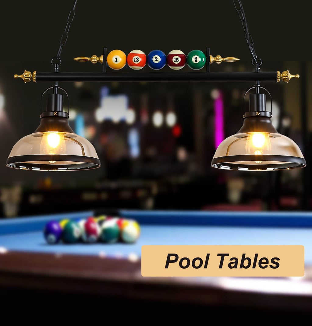 iMeshbean Pool Table Light, 2-Light Pool Table Lighting Fixtures Ceiling Lamp for Game Room Beer Bar Billiard Roon, Real Billiard Ball Design Billiard Pendant Lamp,2 Glass Shades