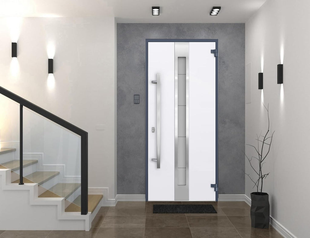 VDOMDOORS Modern Steel Front Exterior Door 36 x 80 inch | Prehung Insulated Security Entry Door with Frosted Glass Insert, Painted Gray Graphite, Left-Hand Inswing