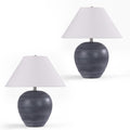 Pia Ricco 21'' Medium Size Black Glossy Ceramic Base Ceramic Basin Table Lamp Set of 2 for Bedroom, Living Room, Dining Room, Office, White Shade,White Striped Black Base