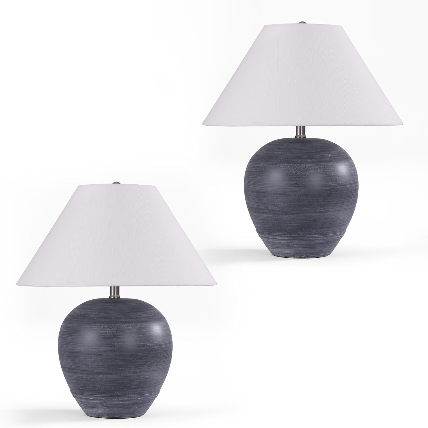 Pia Ricco 21'' Medium Size Black Glossy Ceramic Base Ceramic Basin Table Lamp Set of 2 for Bedroom, Living Room, Dining Room, Office, White Shade,White Striped Black Base