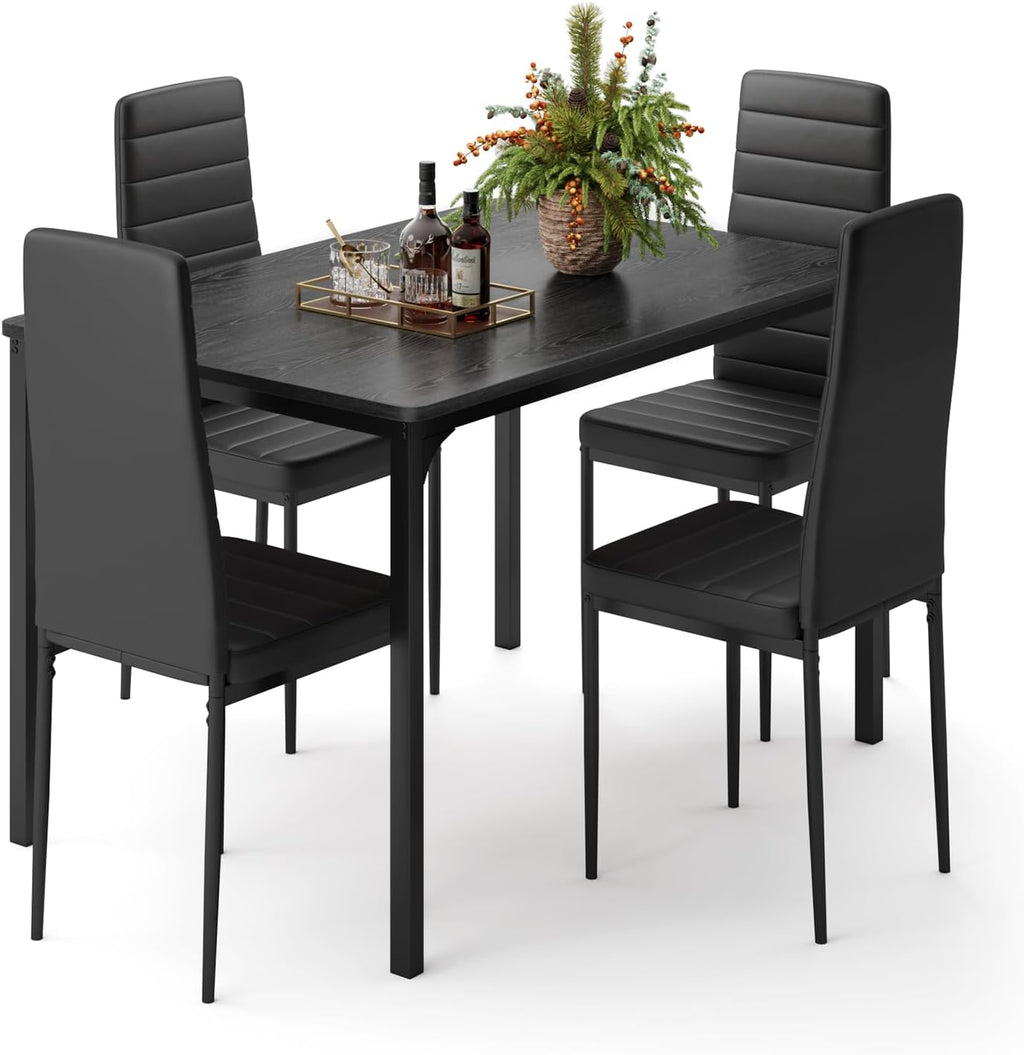 Gizoon Dining Table Set for 4, Kitchen Table Chairs Set of 4, 5 Piece Kitchen Table Set with 4 Upholstered PU Leather Chairs for Dining Room, Living Room, Apartment, Small Space, Black