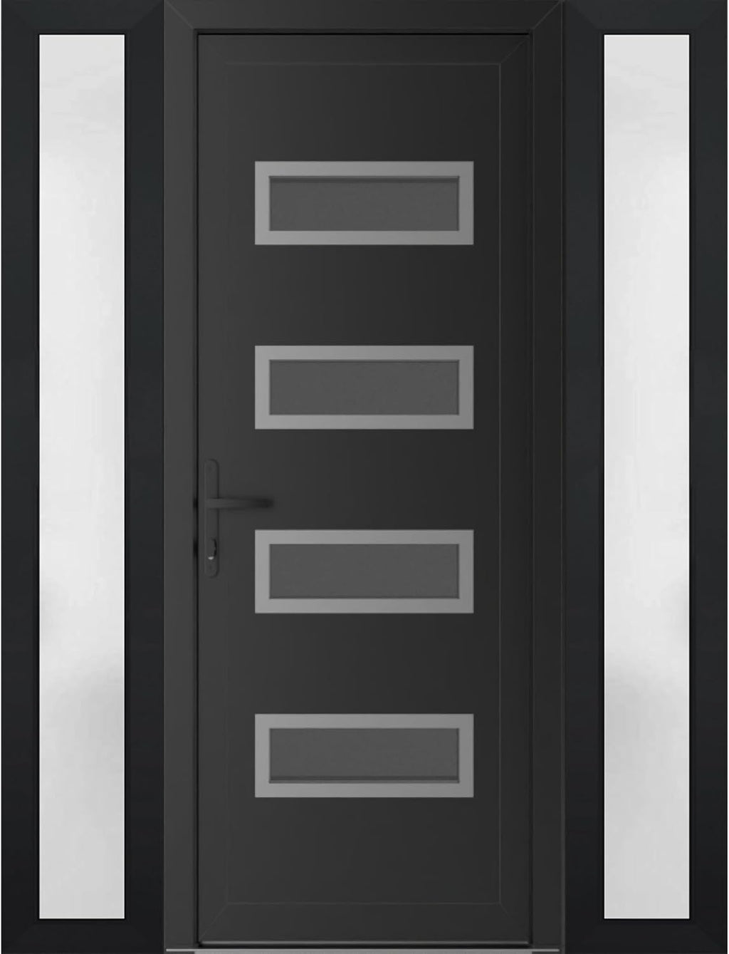 VDOMDOORS Front Exterior Prehung Metal-Plastic Door Mirrored-Clear Glass | Manux 8113 Matte Black | 2 Side Sidelite Transoms | Residential Doors Entrance Patio Garage 56 x 80 (W12+32+12 x H80) RH-I