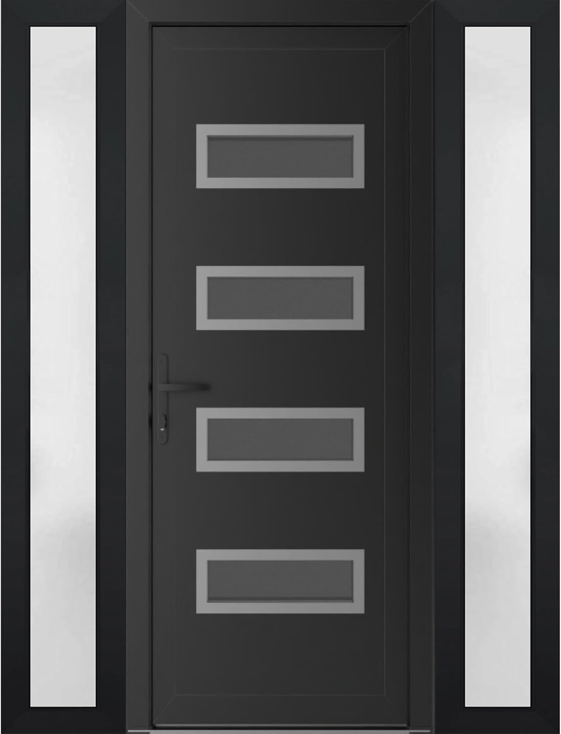 VDOMDOORS Front Exterior Prehung Metal-Plastic Door Mirrored-Clear Glass | Manux 8113 Matte Black | 2 Side Sidelite Transoms | Residential Doors Entrance Patio Garage 56 x 80 (W12+32+12 x H80) RH-I