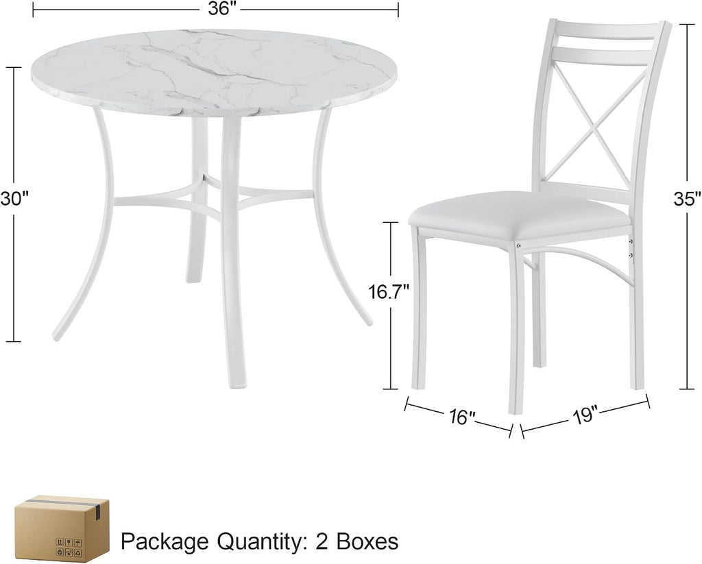 VECELO 5 Piece Dining Table Set for 4 with Chairs, Faux Marble Tabletop, Small Space, Kitchen, Breakfast Nook, White