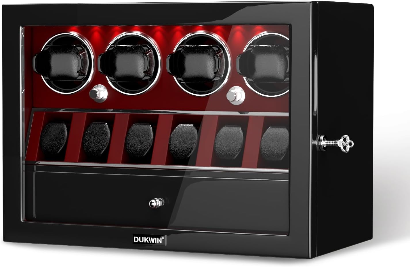 DUKWIN Watch Winder for 4/6/8 Automatic Watches, Lockable Winders with Watch Holders and Jewelry Storage, Super Quiet Motor with High-Gloss Finish, Built-in Illumination