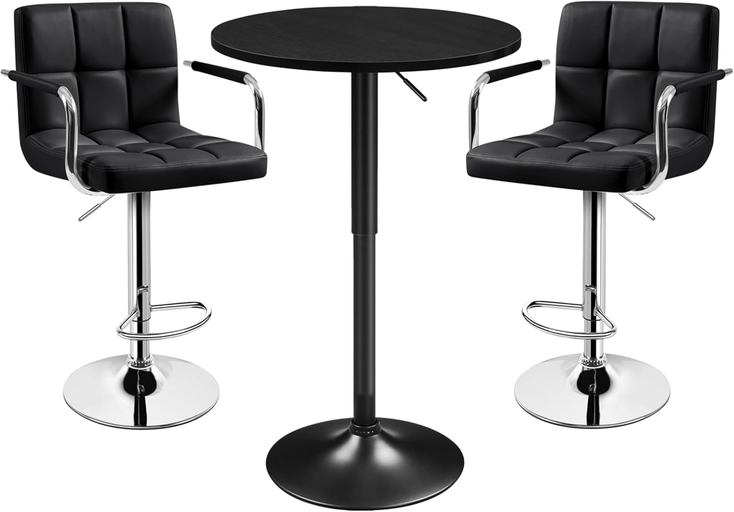 Yaheetech 3-Piece Bar Table Set, Round Bar Table and PU Leather Adjustable Swivel Chairs, Modern Counter Height Table Set with 2 Bar Stools for Kitchen, Full Black