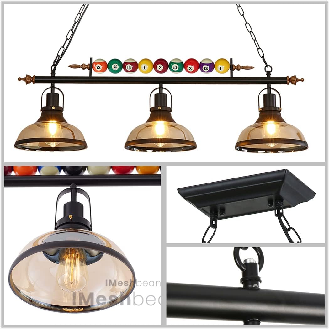 Pool Table Lighting Fixtures Ceiling Lamp for Game Room Beer Party 7' - 8 ' Table,Black Metal Ball Design Billiard Pendant Lamp with 3 Glass Shades (3 Heads Glass Shades)