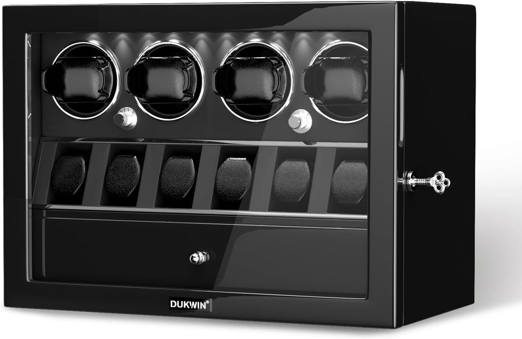 DUKWIN Watch Winder for 4/6/8 Automatic Watches, Lockable Winders with Watch Holders and Jewelry Storage, Super Quiet Motor with High-Gloss Finish, Built-in Illumination