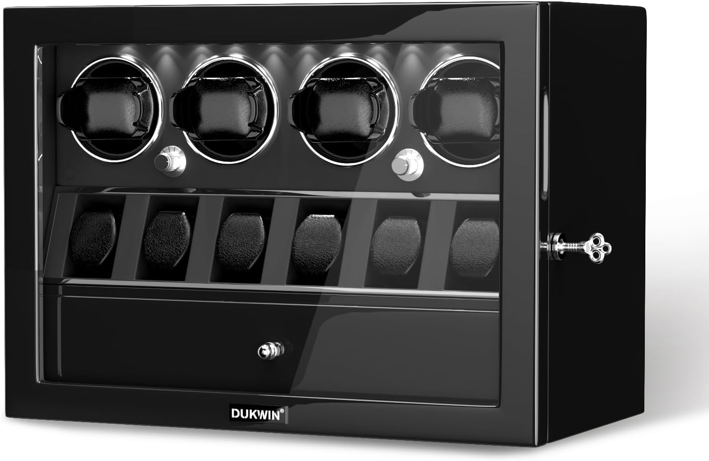 DUKWIN Watch Winder for 4/6/8 Automatic Watches, Lockable Winders with Watch Holders and Jewelry Storage, Super Quiet Motor with High-Gloss Finish, Built-in Illumination