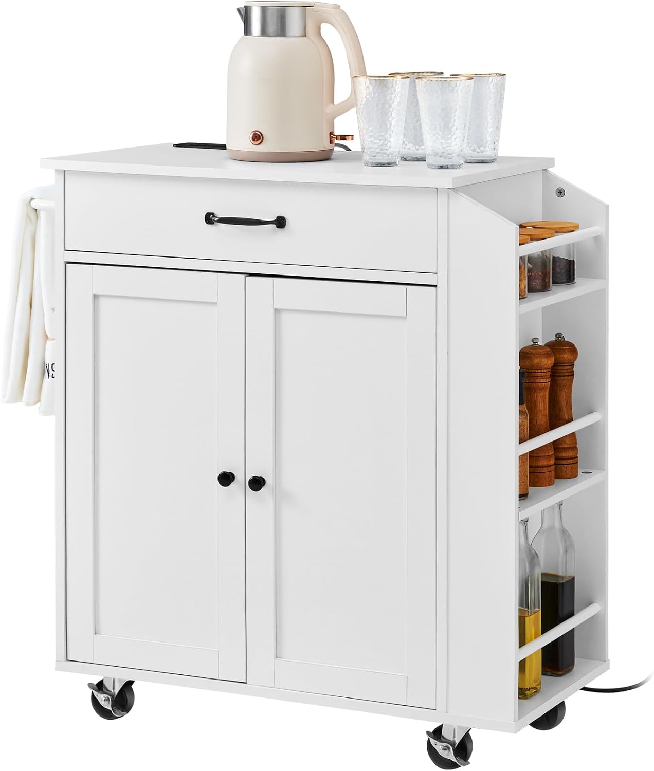 VEVOR Kitchen Island Cart, 32' Mobile Carts with Storage Cabinet, Rolling Table with Power Outlet, Spice Rack, Towel Bar, Adjustable Shelf, Drawer, Dining Living Room Portable Islands on Wheels, White