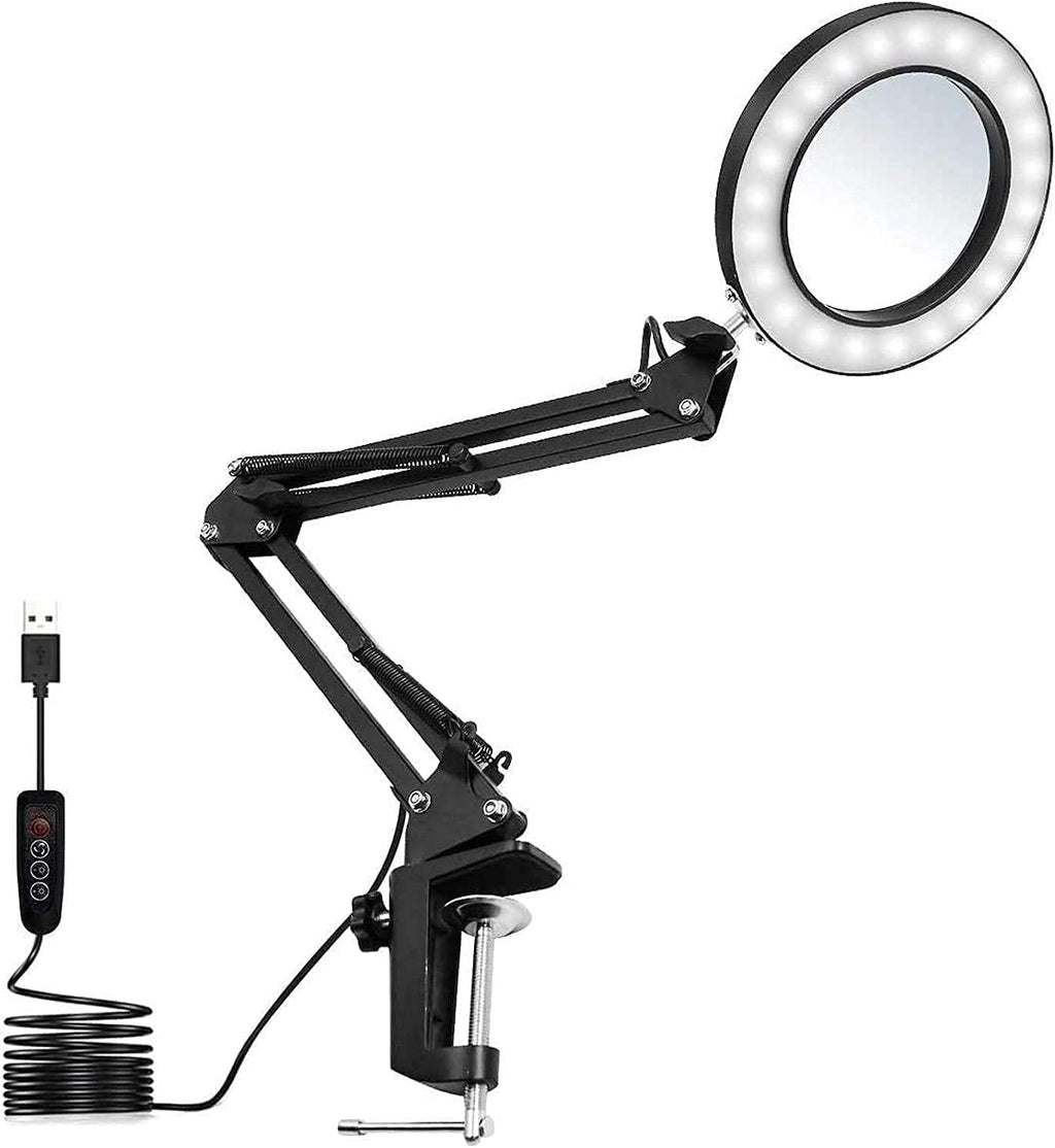 Magnifier 5X Magnifier Desk Lamps, LED Magnifying Glass Lamp Clamp with Adjustable Swivel Arm, 3 Colors Light, 10 Lighting Levels Dimming for Table Craft Reading Study Work Interesting Life