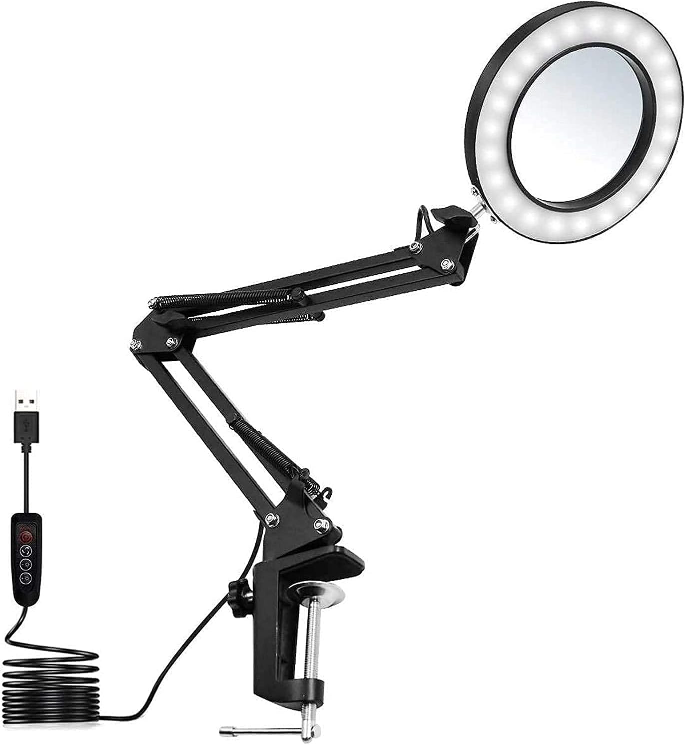 Magnifier 5X Magnifier Desk Lamps, LED Magnifying Glass Lamp Clamp with Adjustable Swivel Arm, 3 Colors Light, 10 Lighting Levels Dimming for Table Craft Reading Study Work Interesting Life