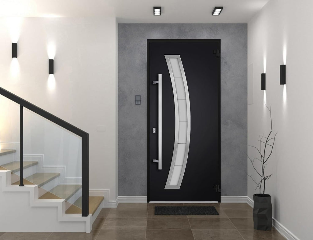 VDOMDOORS Front Exterior Prehung Steel Door/Deux 6500 Black/Stainless Inserts Single Modern Painted-W36 x H80-Left-hand Inswing